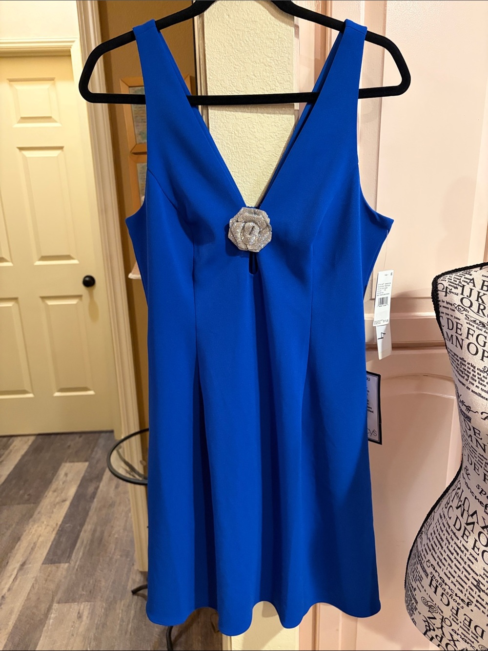 Adrianna Papell Royal Blue V-Neck Dress with Silver Floral Brooch
